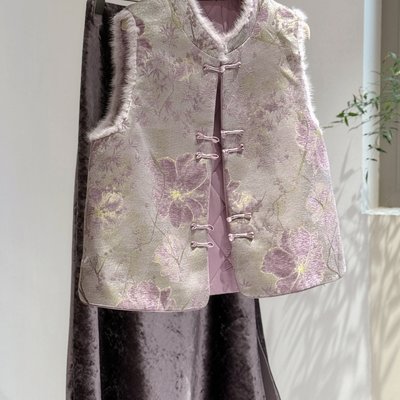 新中式国风盘扣真丝宋锦夹棉马甲女装2025春秋新款高端水貂毛棉服