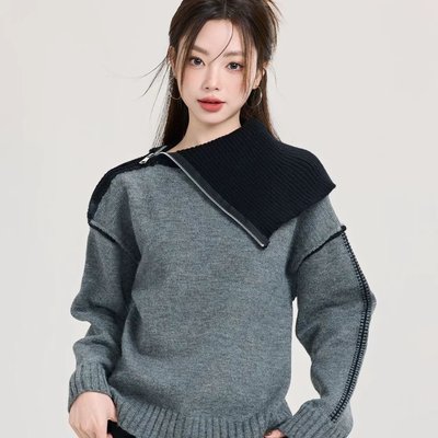 小众设计感韩系毛衣冬季女大翻领撞色针织衫上衣