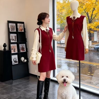 学院风假两件针织连衣裙女2025秋冬新款设计感气质减龄洋气毛衣裙