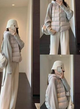 网图轻薄针织毛衣袖拼接羽绒棉服女短款假两件2025冬季新款外套