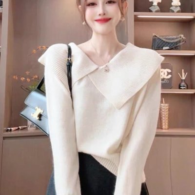 设计感娃娃翻领毛针织衫女2025秋冬新款软糯套头百搭减龄毛衣上衣