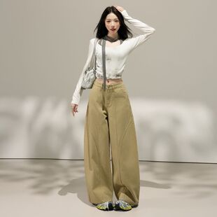 女长裤 实拍 设计感韩系牛仔直筒拖地裤 美式 加长 街头风阔腿裤