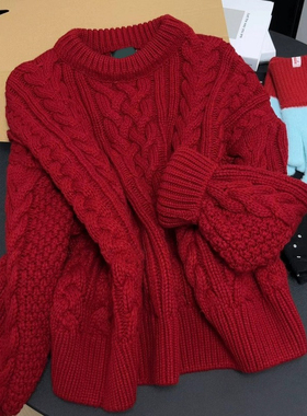 新年穿搭红色麻花毛衣女秋冬2025新款慵懒高级感宽松加厚针织上衣