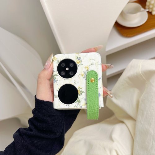 夏日浅绿花朵腕带适用华为pocket2手机壳新款三星折叠屏oppofindn3flip网红爆款外壳vivoxflip小众高级保护套