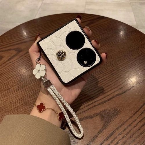 高级气质山茶花手绳适用华为pocket 2手机壳oppon3flip新款折叠屏nova flip小香风皮质高档外壳XFlip宝盒三星