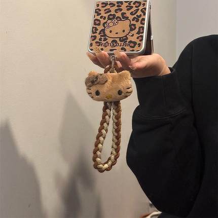 日韩豹纹kt猫咪适用华为pocket2手机壳折叠屏三星Zflip6手绳OPPOFindN3翻盖荣耀皮质小米MIX秋冬vivo XFlip女