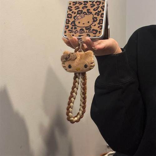 日韩豹纹kt猫咪适用华为pocket2手机壳折叠屏三星Zflip6手绳OPPOFindN3翻盖荣耀皮质小米MIX秋冬vivo XFlip女