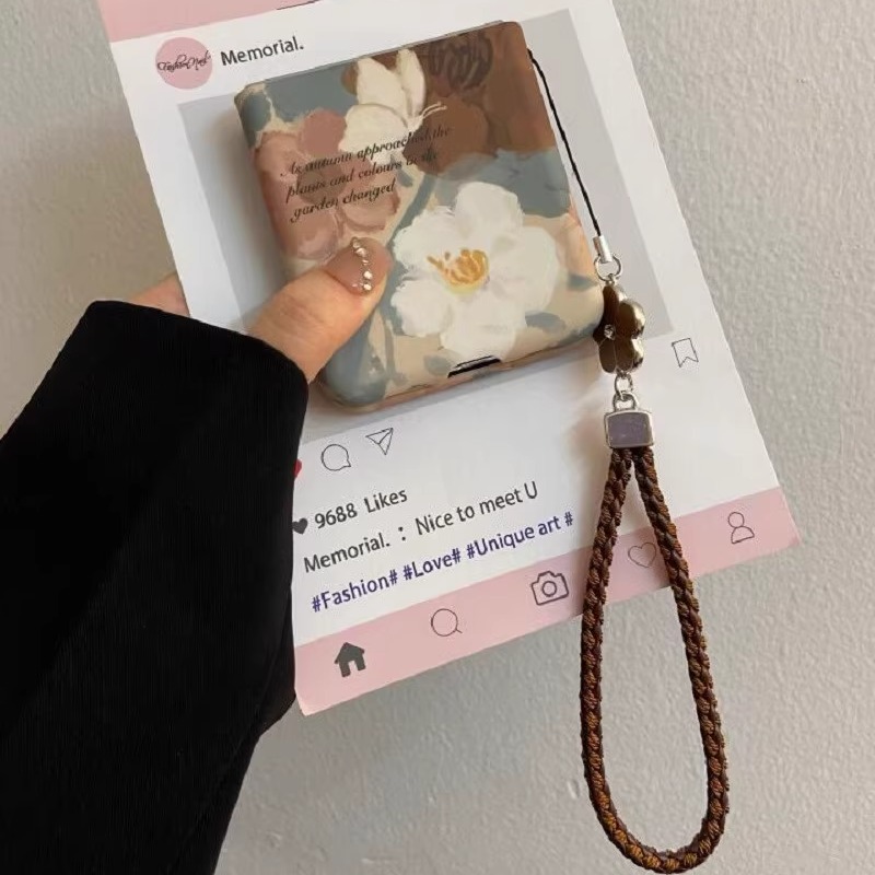 复古油画花朵适用华为pocket2折叠屏手机壳小米mixflip硬壳防摔三星zflip6手绳OPPO Find N3Flip荣耀vivo女款