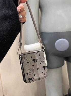 复古皮质kt猫适用华为pocket2折叠屏手机壳小米mixflip全包硬壳三星zflip6手绳OPPO Find N3Flip荣耀vivo高级