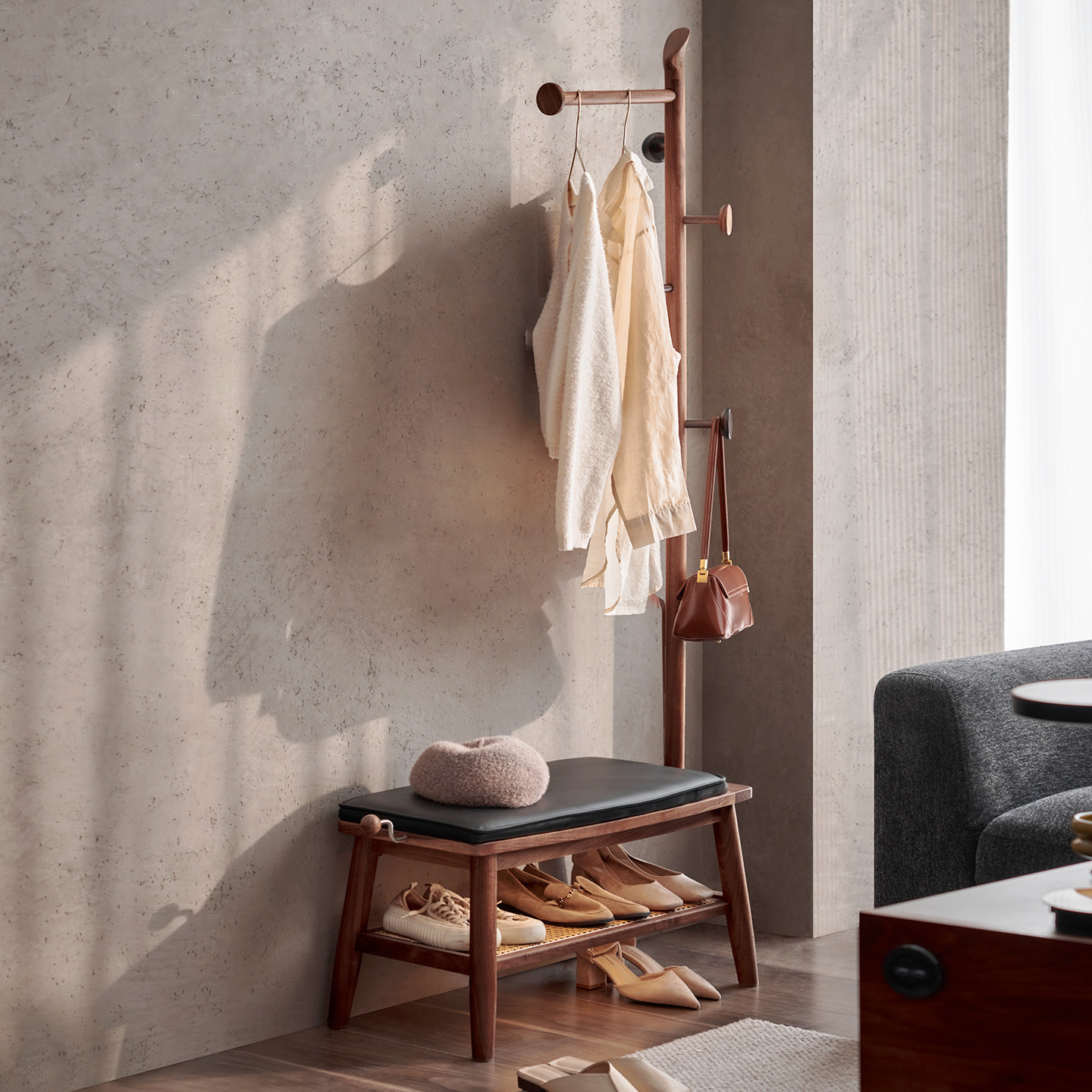 色格实木挂衣架衣帽架换鞋凳一体黑胡桃木家用入户可坐鞋柜凳子,住宅家具,衣帽架,淘宝优惠券,粉丝福利购,淘宝优惠卷