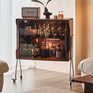 色格实木可移动酒柜黑胡桃木餐边柜餐厅储物展示置物收纳边柜酒架