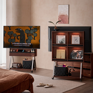 色格实木电视机支架可移动客厅家用黑胡桃木落地收纳储物电视柜架