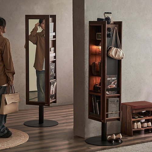 实木旋转镜柜卧室家用全身镜黑胡桃木杂志架落地式多用柜穿衣镜