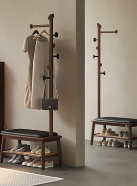 实木换鞋凳挂衣架一体黑胡桃木家用门口鞋柜穿鞋凳可座入户衣帽架