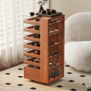 色格实木茶具收纳玻璃展示柜樱桃木茶水柜移动茶桌边柜茶台置物架