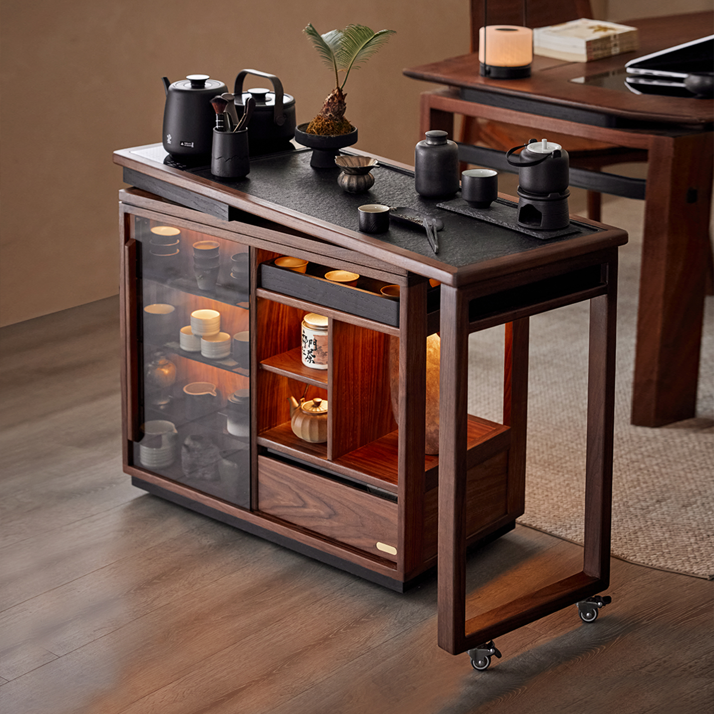 色格黑胡桃木移动伸缩茶桌