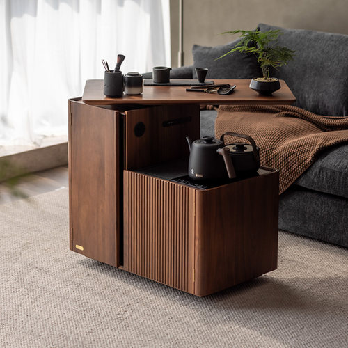 实木旋转茶车家用客厅沙发边柜茶几黑胡桃木茶水柜可移动茶台茶桌