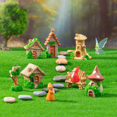 跨境新品微景观树桩屋木椅砖片庭院造景 DIY装饰品迷你树脂小摆件