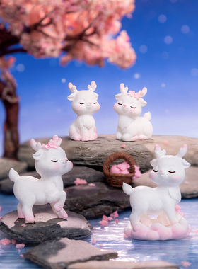 微景观简约树脂工艺品可爱粉色小鹿公仔樱花树园艺DIY装饰品摆件