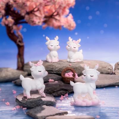微景观简约树脂工艺品可爱粉色小鹿公仔樱花树园艺DIY装饰品摆件
