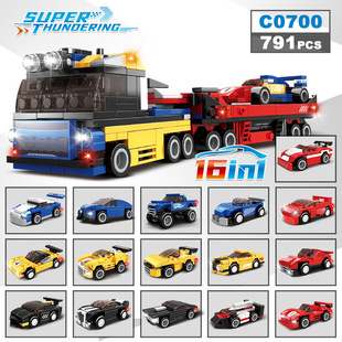 沃马城市列车消防车警车16合1积木汽车模型益智拼装玩具机构奖品