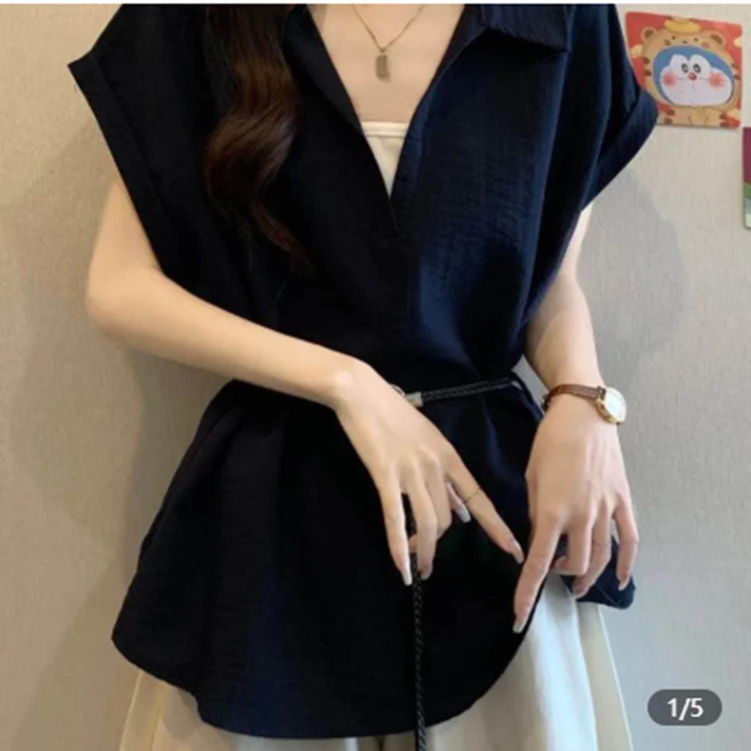 路途女装 2026新款假两件V领正肩衬衫女短袖收腰显瘦系带上衣T恤