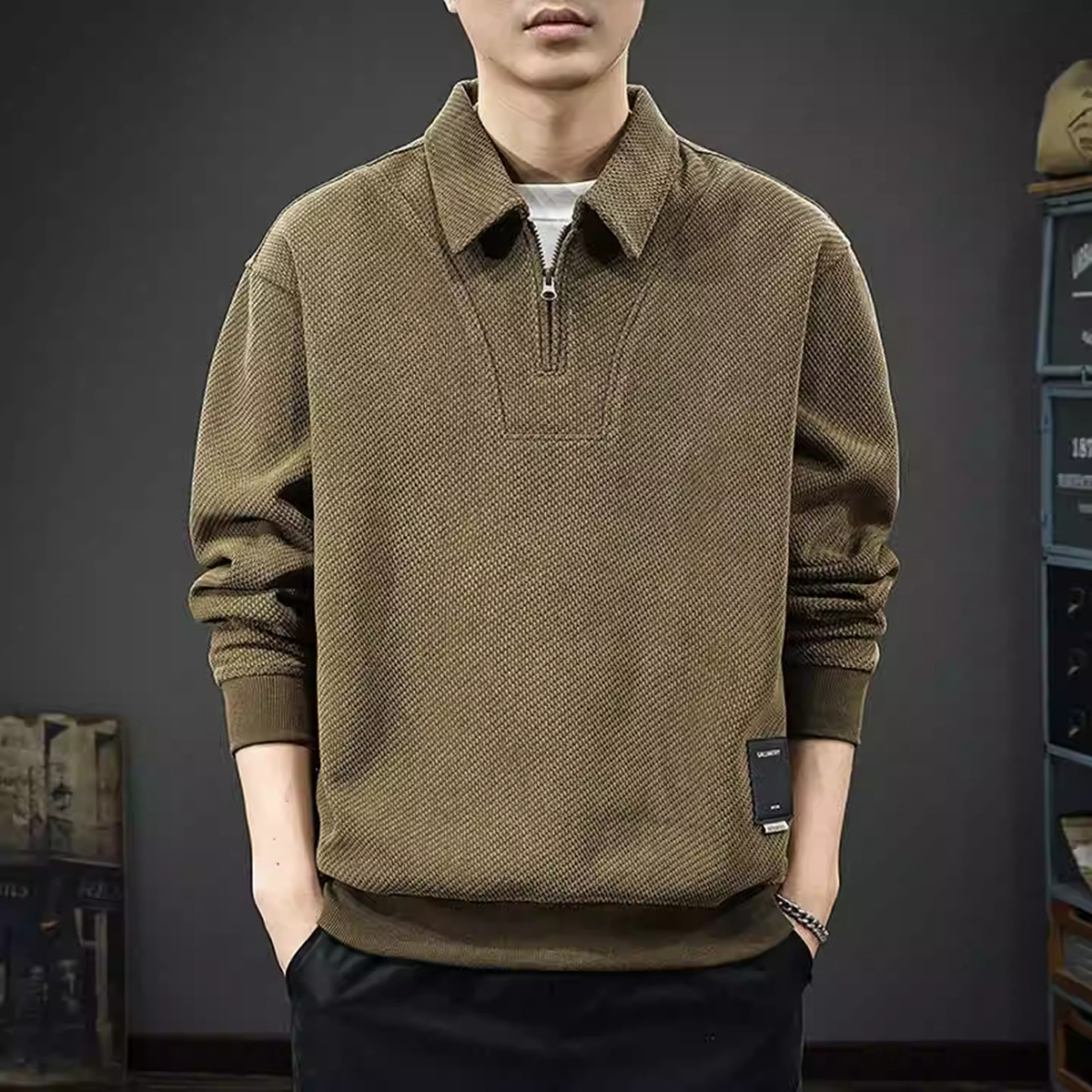 雪溪男装雪尼尔针织拉链翻领男士卫衣2025秋冬款宽松大码长袖外套
