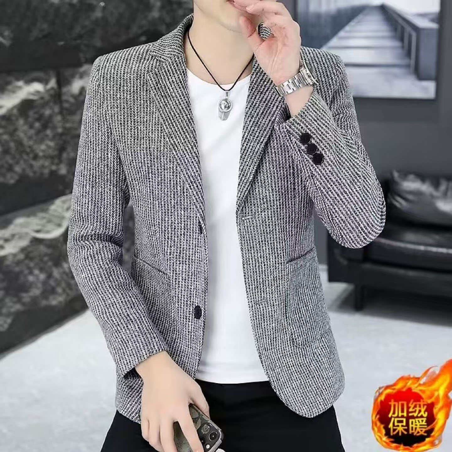 振炳商贸店高奢男装秋冬季新款男士休闲韩版西服加绒加厚修身外套