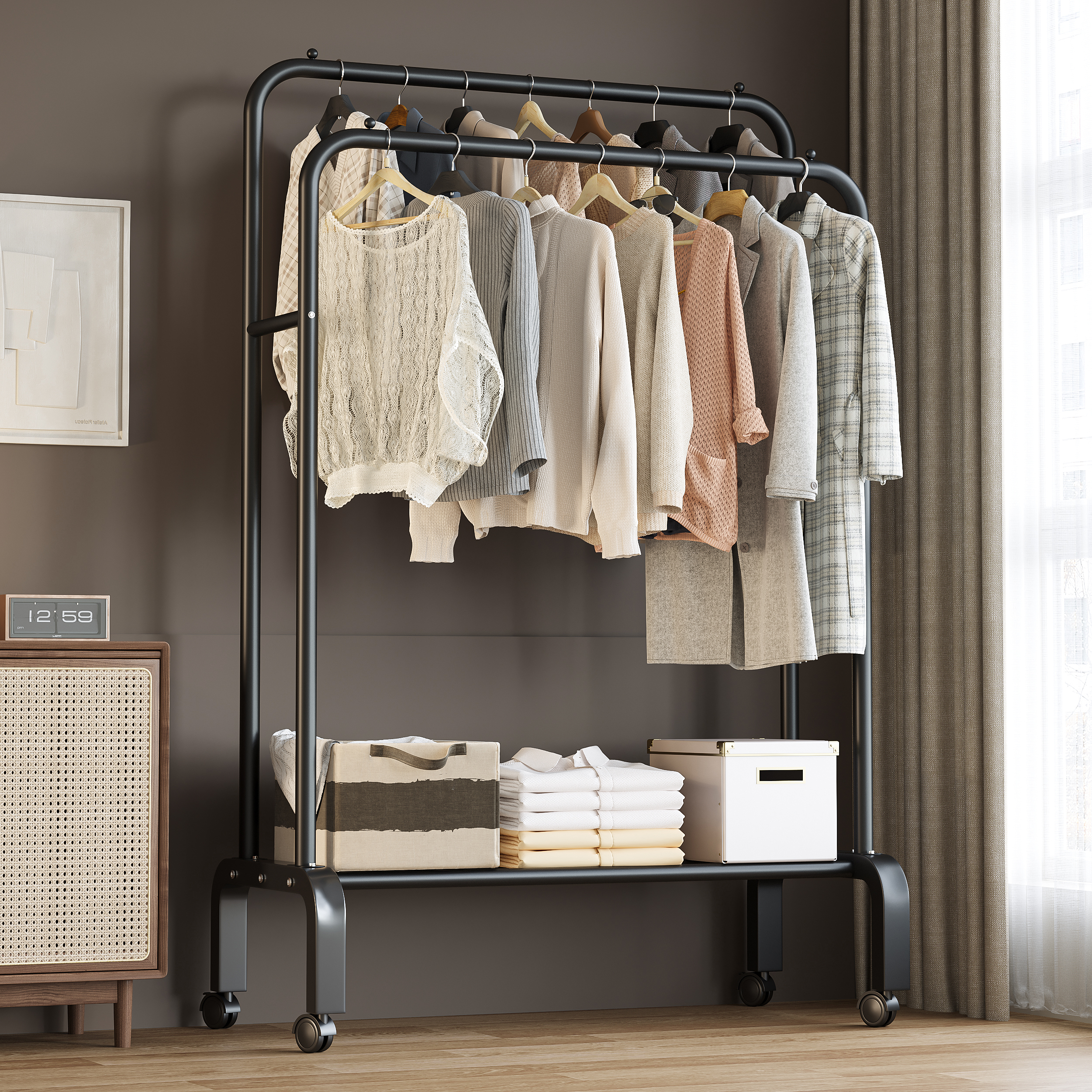 双杆式移动家用卧室晾衣架落地