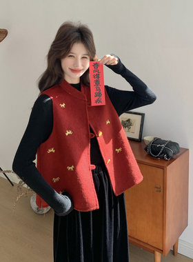 新款年货马年可爱风重工刺绣国风红色马甲p165-k228