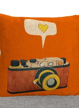 卡通橙色相机camera书亚麻棉麻抱枕靠枕套汽车沙发垫靠垫定做定制