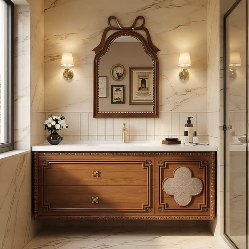 新款法式复古橡木浴室柜组合陶瓷一体盆卫生间洗漱台四叶草实木柜