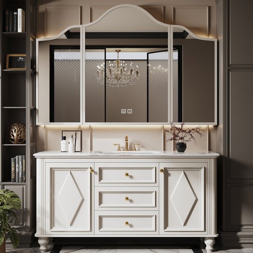 法式复古橡木落地浴室柜组合卫生间岩板热弯洗漱台高端定制卫浴柜