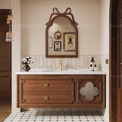 新款法式复古橡木浴室柜组合陶瓷一体盆卫生间洗漱台四叶草实木柜