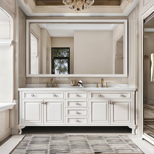 美式 复古双盆浴室柜无缝陶瓷一体洗手池洗脸盆卫浴柜卫生间洗漱台