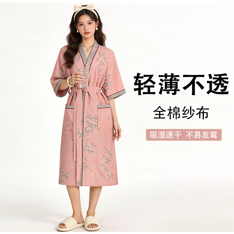 全棉纱布浴袍女春夏薄款系带吸湿速干情侣睡袍男士家居服2026新款