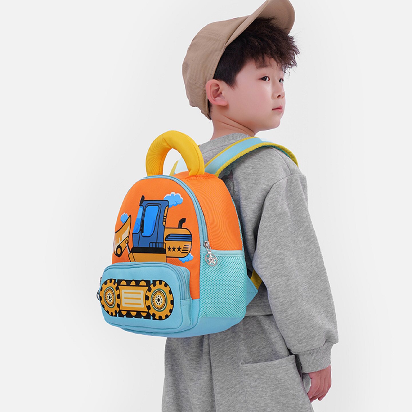 卡通工程车儿童双肩书包幼儿园男女孩可爱橙色挖掘机宝宝小班背包
