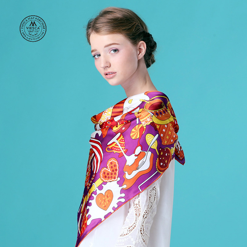 VIESCA新款真丝丝巾巧克力图案瑞士地图女士大方巾红色礼盒装