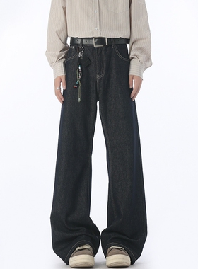 深蓝色弯刀经典原牛裤子男士美式休闲弧形阔腿潮牌阔腿牛仔裤高街