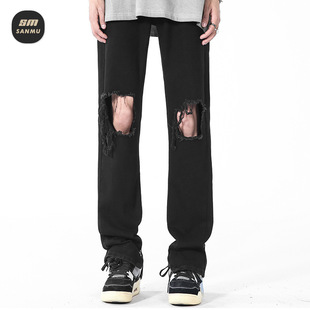 高街拉链直筒裤 叁牧男装 子美式 纯黑色cleanfit裤 ∣双膝破洞牛仔裤