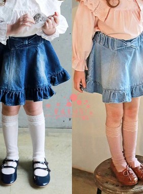 女童半身裙韩国进口童装FLO2020春季新女宝宝蝴蝶结木耳边牛仔裙