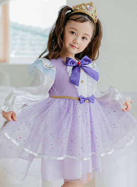 女童长袖连衣裙韩国童装PinkBerry春奇妙萌可爱心紫色宝宝公主裙