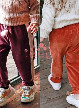 韩国童装女童FLO2019冬季宝宝木耳边灯芯绒加厚加绒裤休闲运动裤