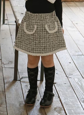 女童半身裙韩国童装FLO2021秋冬宝宝洋气小香风千岛格加厚A字裙