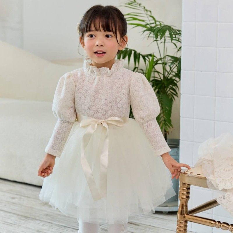 女童连衣裙韩国童装babydoll2023冬蕾丝花边泡泡袖复古网纱公主裙