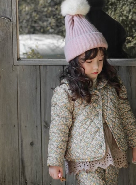 女童棉服韩国童装FLO2021冬季宝宝洋气花边领加绒碎花夹棉短外套