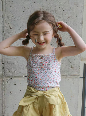 女童吊带韩国童装FLO2021夏季小女孩碎花针织抹胸木耳边打底背心