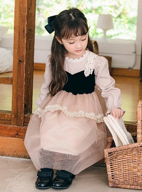 女童连衣裙韩国童装PinkBerry2022秋季复古花边网纱假两件公主裙