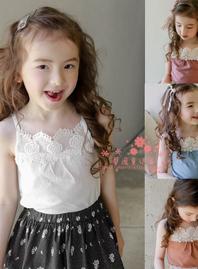 女童吊带韩国童装FLO2021夏季儿童宝宝镂空刺绣花边淑女打底背心