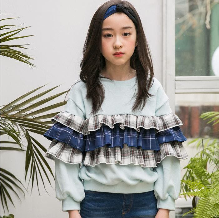 现货 韩国进口童装正品BerryBerry2018春女中大童木耳边卫衣T恤